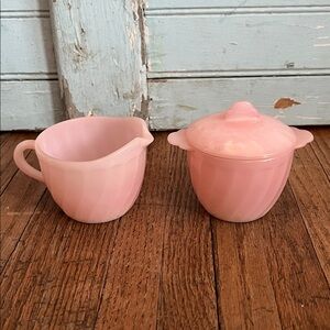Vintage Fire King Pink Swirl Cream and Sugar w/Lid Set
